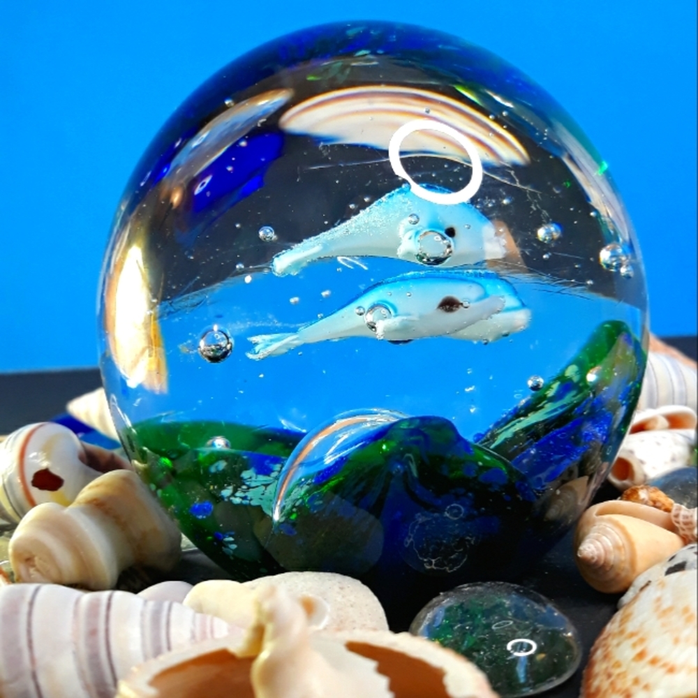 Spherical Glass Dolphin-Themed Paperweight